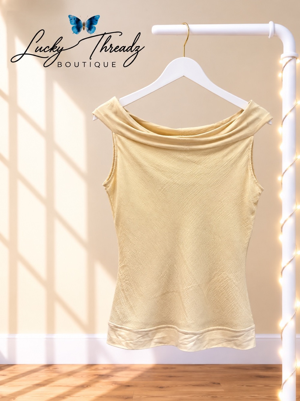 Vintage GAP 100% Silk Butter Yellow Off Shoulder Draped Tank Top Medium